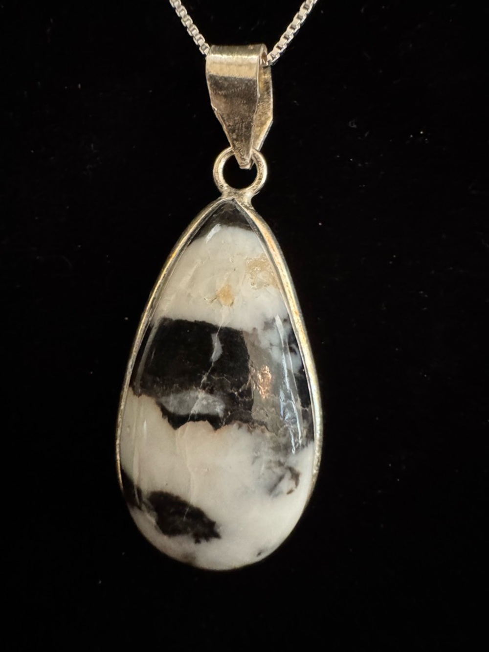 Black and White zebra Jasper‎ Tear Drop Stone Pendant Necklace - sterling silver